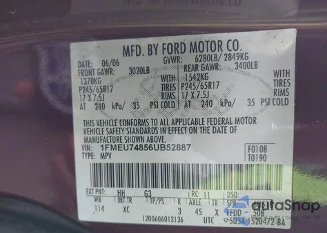 2006 Ford Explorer Eddie Bauer from USA, damaged, VIN 1FMEU74856UB52887